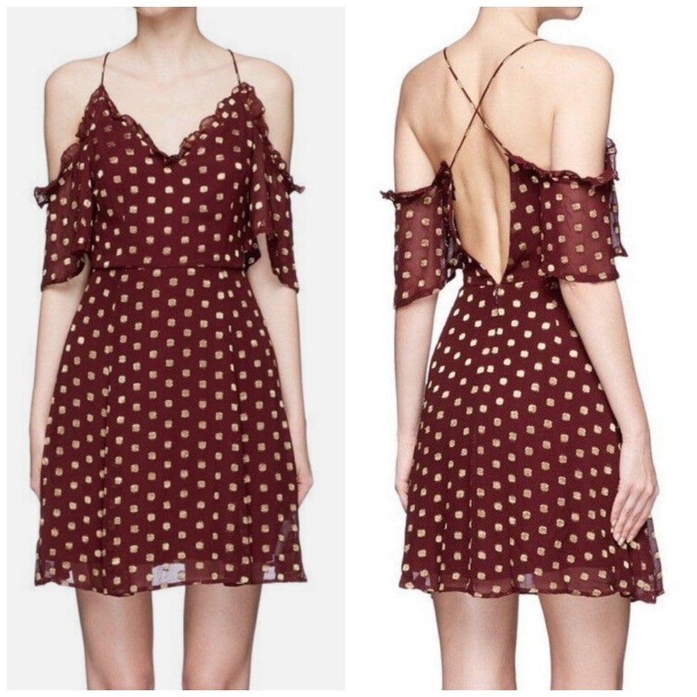 Topshop Red Gold Chiffon Cold Shoulder Mini Skater Party Dress Size 12